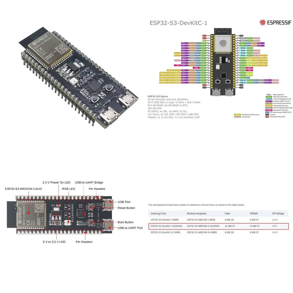 Esp32 - Espressif ESP32-S3-DevKitC-1 Geliştirme Kartı, ESP32-S3-WROOM-2-N32R16V modülünü